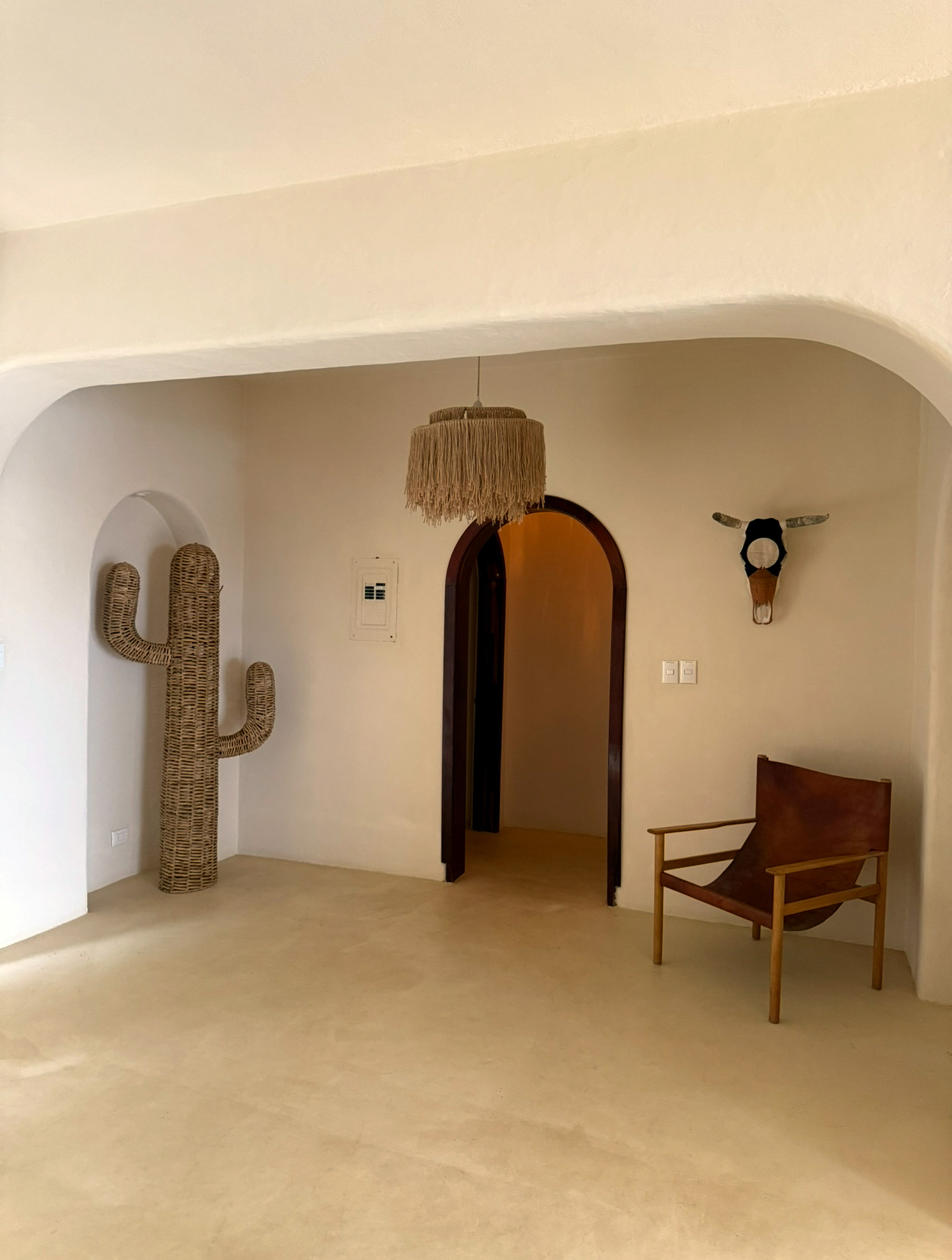 Foyer with rattan cactus and leather chair