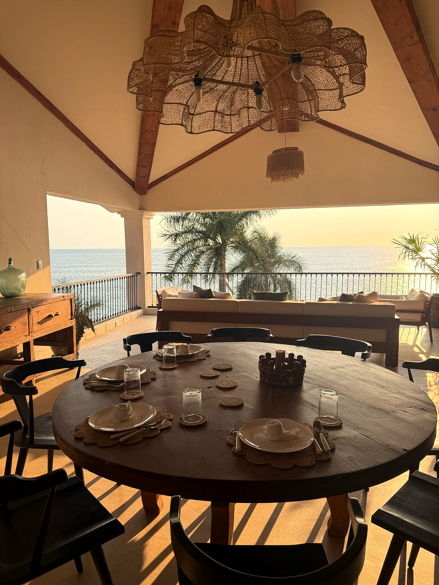 Open-air dining room at golden hour